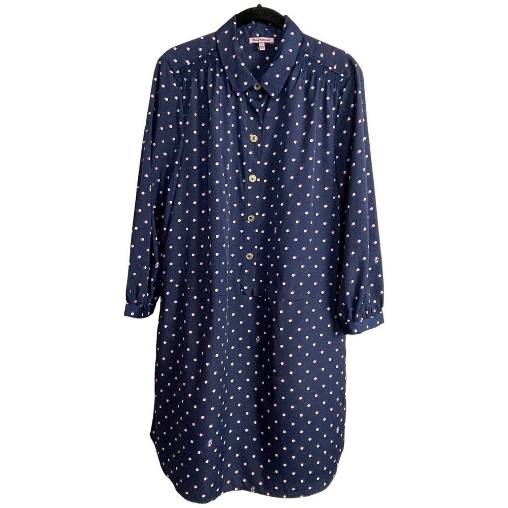 Juicy Couture Blue Pink Polka Dot Logo Sheath Pockets Popover Dress Size‎ L